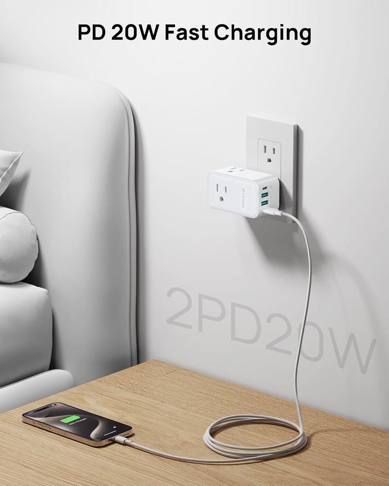 TROND Multi Plug Outlet Extender 2 Pack, 3 Way Outlet Splitter with 360 Rotating Plug, PD 20W USB C Charger Station, Sideways Adapter for Kitchen Bathroom Cruise Ship Travel Essentials - Image 4